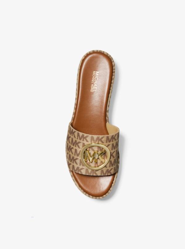 Damske Slapky Michael Kors Sadler Logo Jacquard Wedge Sandal Hnede Béžové - Topanky Michael Kors Akcia | INUHA-7154